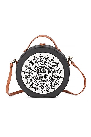 Black Vegan Leather Bead & Cotton Thread Embroidered Hand Bag by Gonecase Accessories