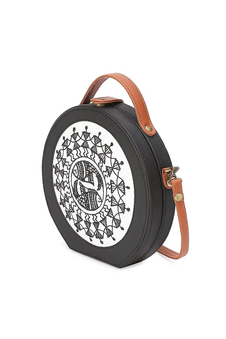 Black Vegan Leather Bead & Cotton Thread Embroidered Hand Bag by Gonecase Accessories at Pernia's Pop Up Shop