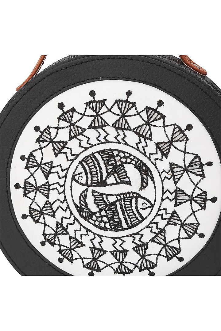 Black Vegan Leather Bead & Cotton Thread Embroidered Hand Bag by Gonecase Accessories at Pernia's Pop Up Shop