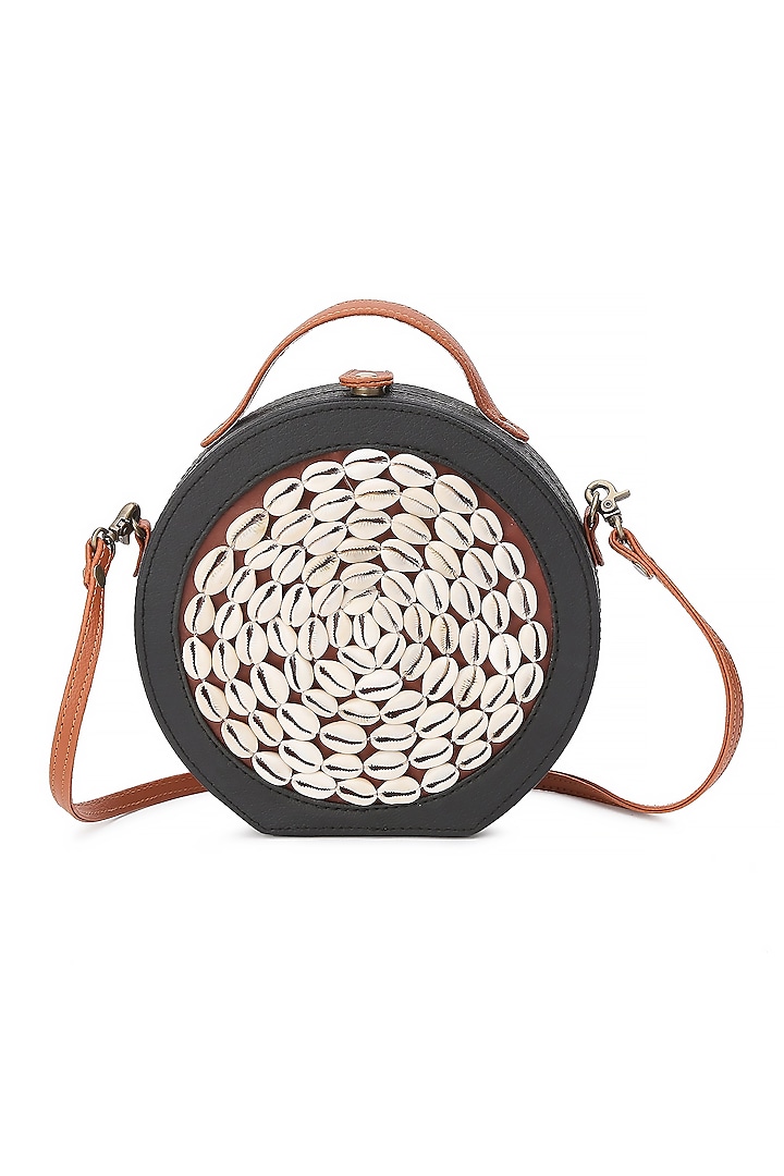 Black Vegan Leather Bead & Cotton Thread Embroidered Hand Bag by Gonecase Accessories at Pernia's Pop Up Shop