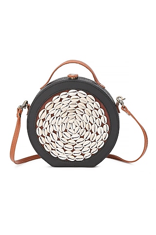 Black Vegan Leather Bead & Cotton Thread Embroidered Hand Bag by Gonecase Accessories