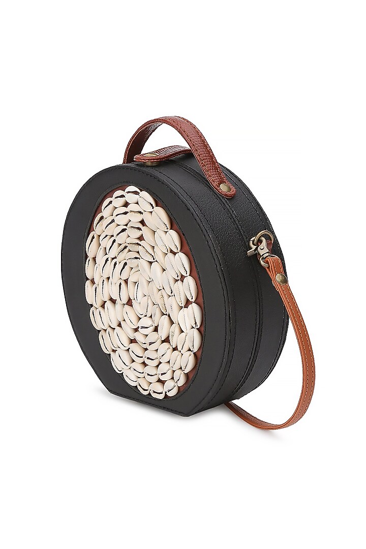 Black Vegan Leather Bead & Cotton Thread Embroidered Hand Bag by Gonecase Accessories at Pernia's Pop Up Shop