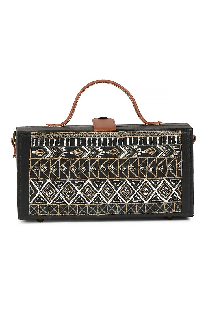 Black Vegan Leather Bead & Cotton Thread Embroidered Clutch by Gonecase Accessories at Pernia's Pop Up Shop