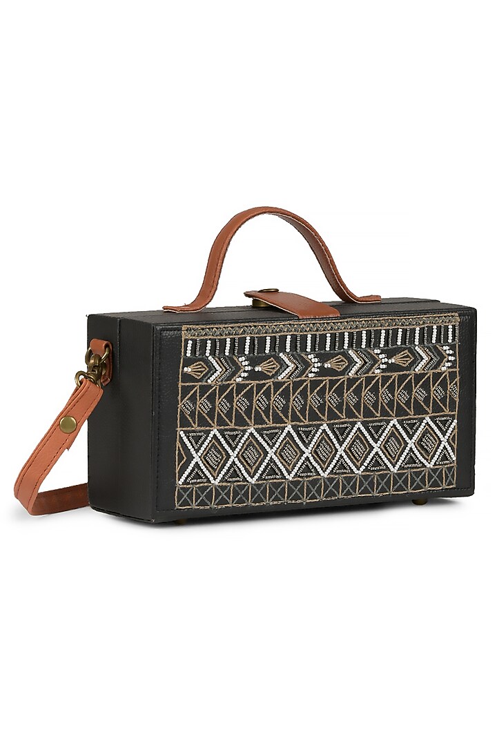 Black Vegan Leather Bead & Cotton Thread Embroidered Clutch by Gonecase Accessories at Pernia's Pop Up Shop