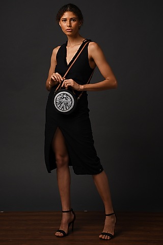 Black Vegan Leather Bead & Cotton Thread Embroidered Hand Bag by Gonecase Accessories