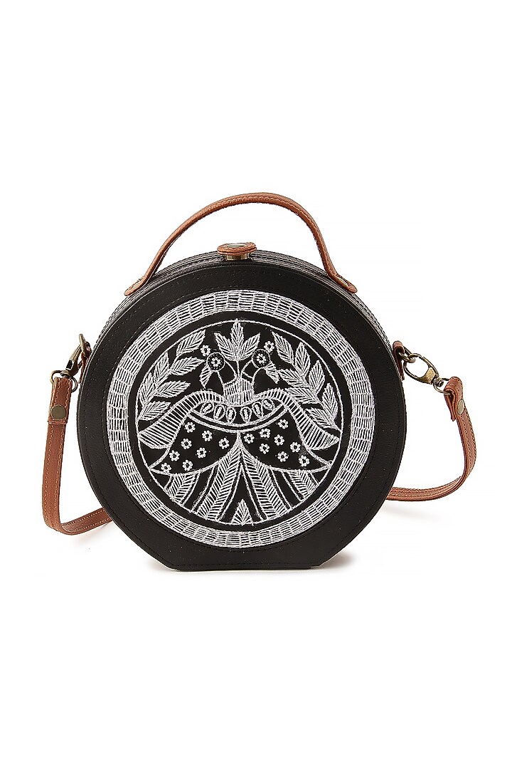 Black Vegan Leather Bead & Cotton Thread Embroidered Hand Bag by Gonecase Accessories at Pernia's Pop Up Shop