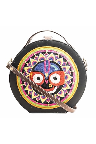 Black Vegan Leather Bead & Cotton Thread Embroidered Hand Bag by Gonecase Accessories