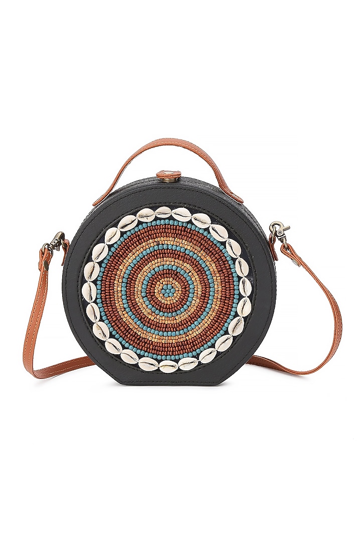 Black Vegan Leather Bead & Cotton Thread Embroidered Hand Bag by Gonecase Accessories at Pernia's Pop Up Shop