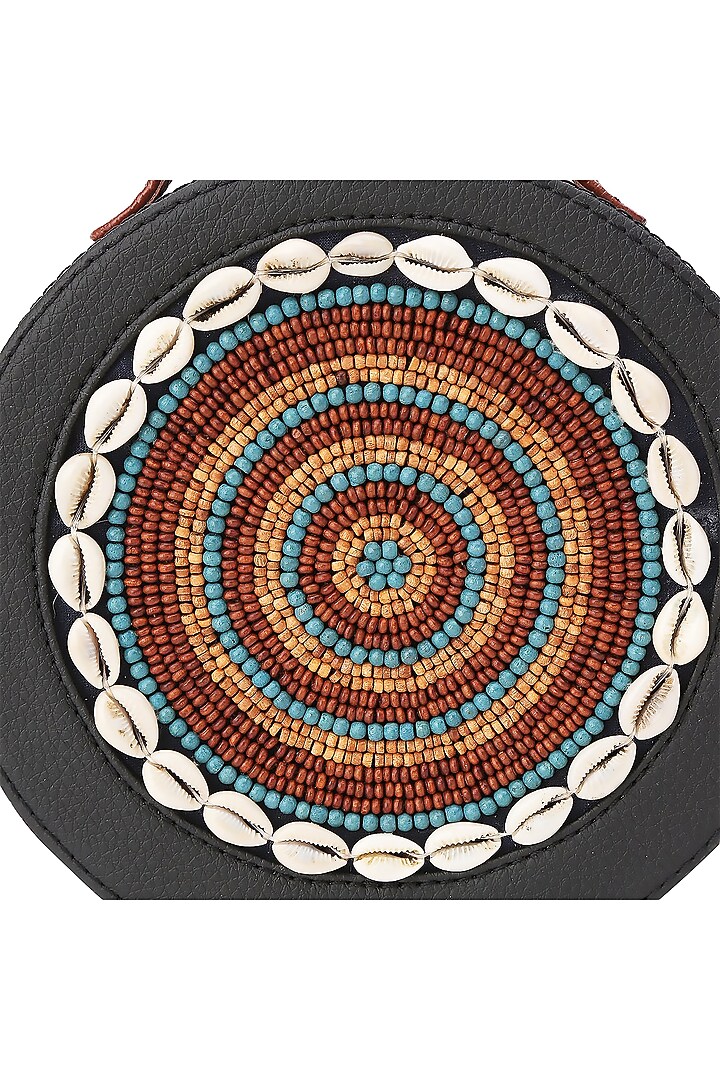 Black Vegan Leather Bead & Cotton Thread Embroidered Hand Bag by Gonecase Accessories at Pernia's Pop Up Shop