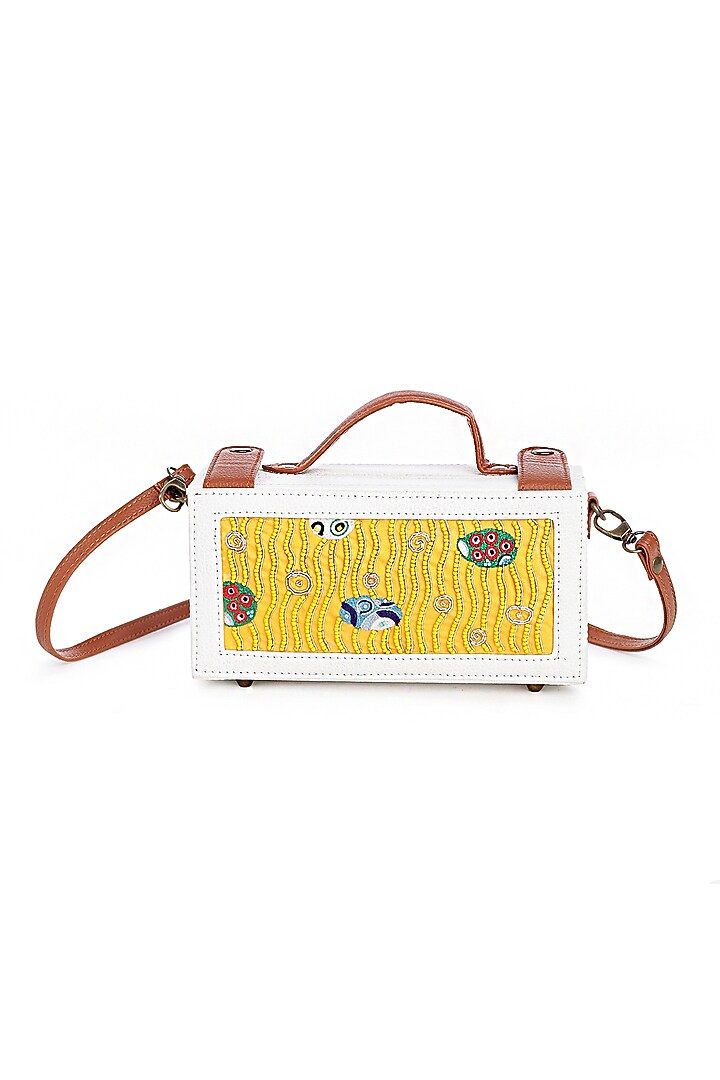 White Vegan Leather Bead & Cotton Thread Embroidered Clutch by Gonecase Accessories at Pernia's Pop Up Shop