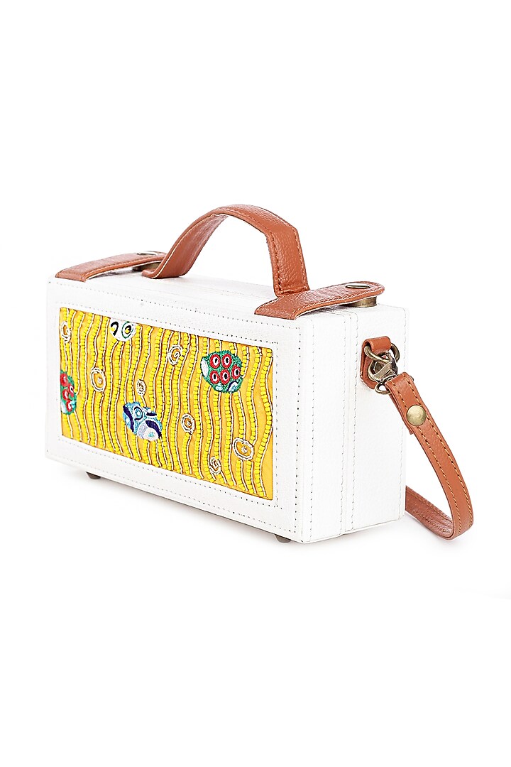 White Vegan Leather Bead & Cotton Thread Embroidered Clutch by Gonecase Accessories at Pernia's Pop Up Shop