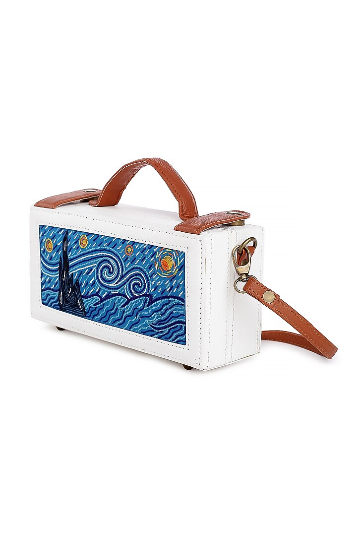 White Vegan Leather Bead & Cotton Thread Embroidered Clutch by Gonecase Accessories at Pernia's Pop Up Shop