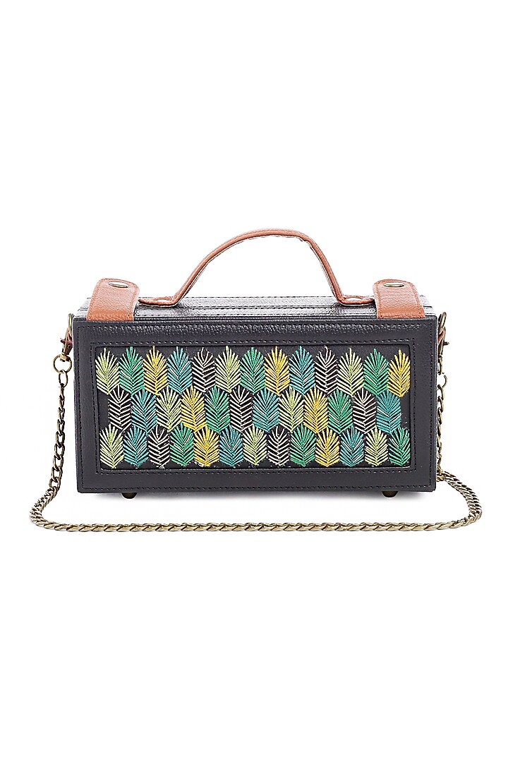 Black Vegan Leather Bead & Cotton Thread Embroidered Clutch by Gonecase Accessories at Pernia's Pop Up Shop