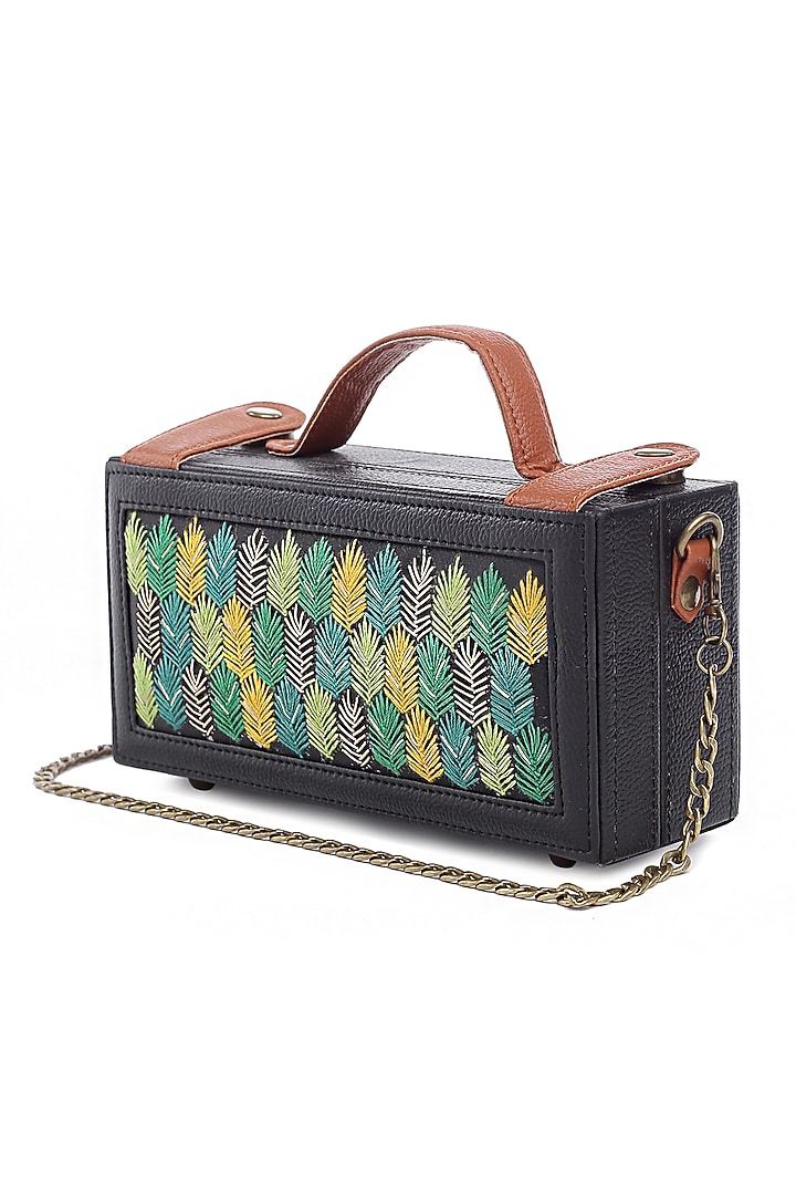 Black Vegan Leather Bead & Cotton Thread Embroidered Clutch by Gonecase Accessories at Pernia's Pop Up Shop