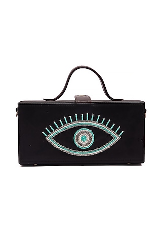 Black Vegan Leather Bead & Cotton Thread Embroidered Clutch by Gonecase Accessories