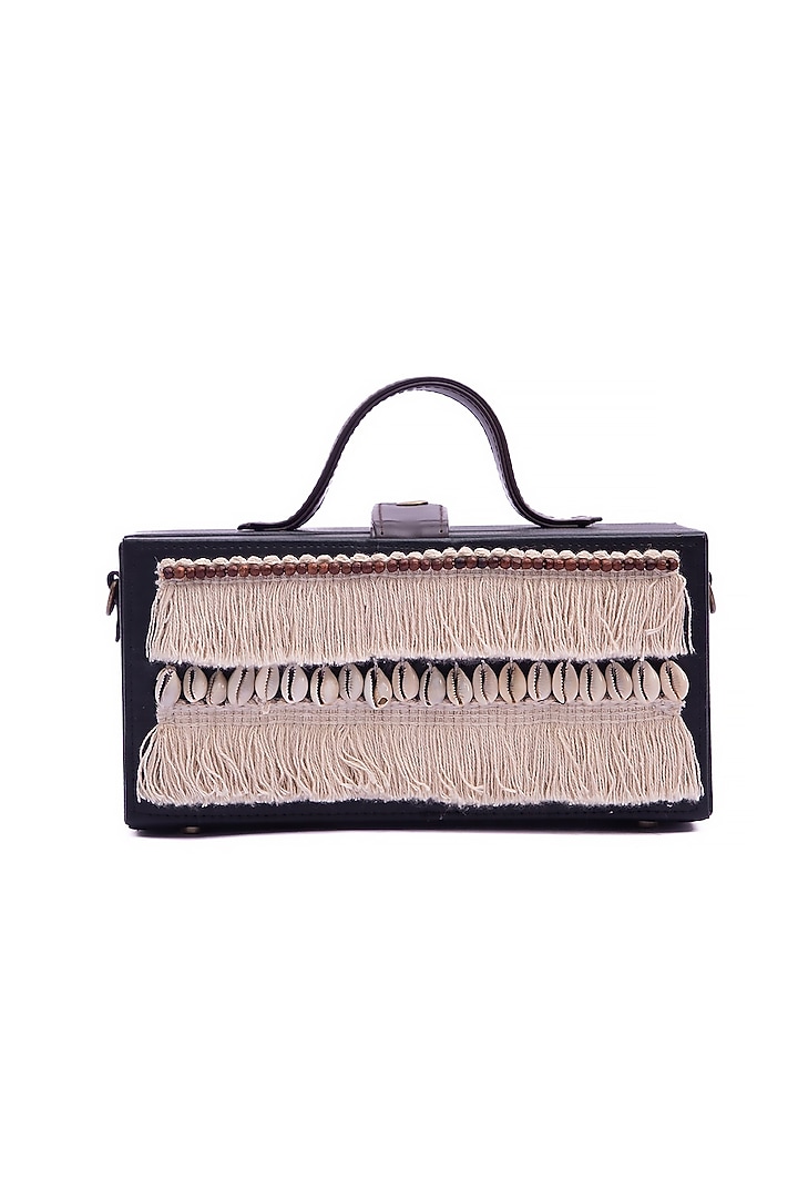 Black Vegan Leather Bead & Cotton Thread Embroidered Clutch by Gonecase Accessories at Pernia's Pop Up Shop