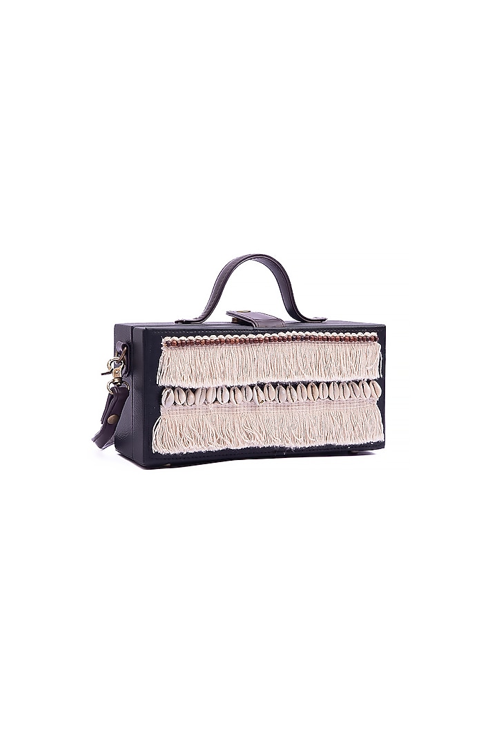 Black Vegan Leather Bead & Cotton Thread Embroidered Clutch by Gonecase Accessories at Pernia's Pop Up Shop