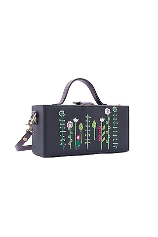 Black Vegan Leather Bead & Cotton Thread Embroidered Clutch by Gonecase Accessories