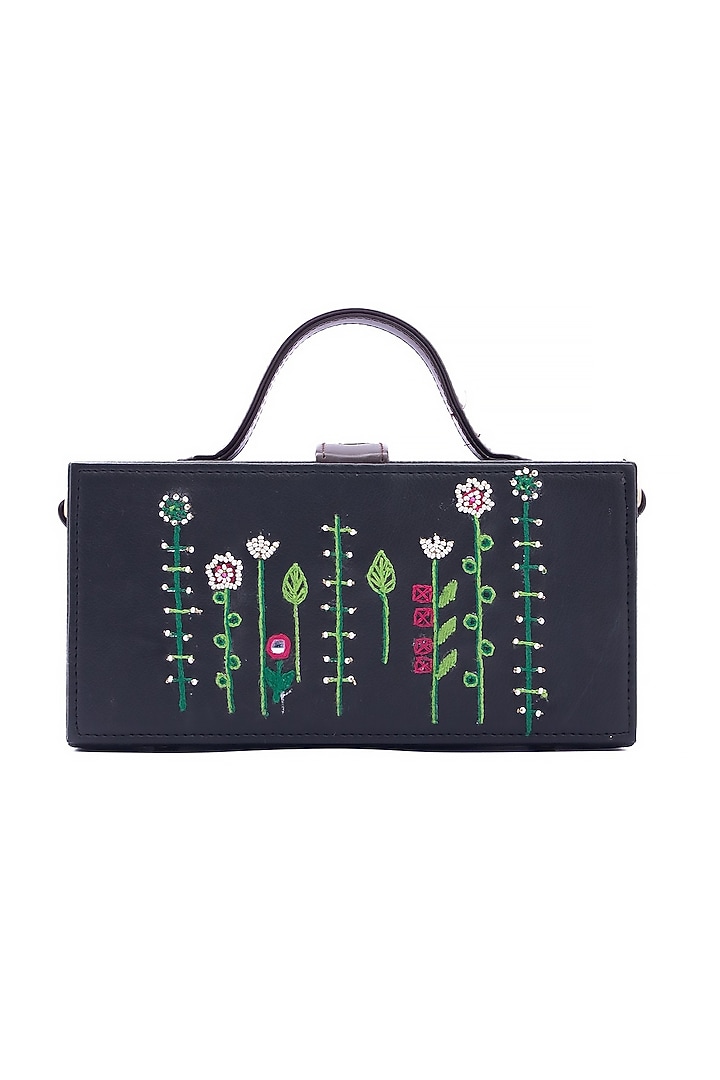 Black Vegan Leather Bead & Cotton Thread Embroidered Clutch by Gonecase Accessories at Pernia's Pop Up Shop