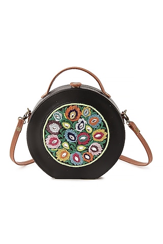 Black Vegan Leather Bead & Cotton Thread Embroidered Hand Bag by Gonecase Accessories