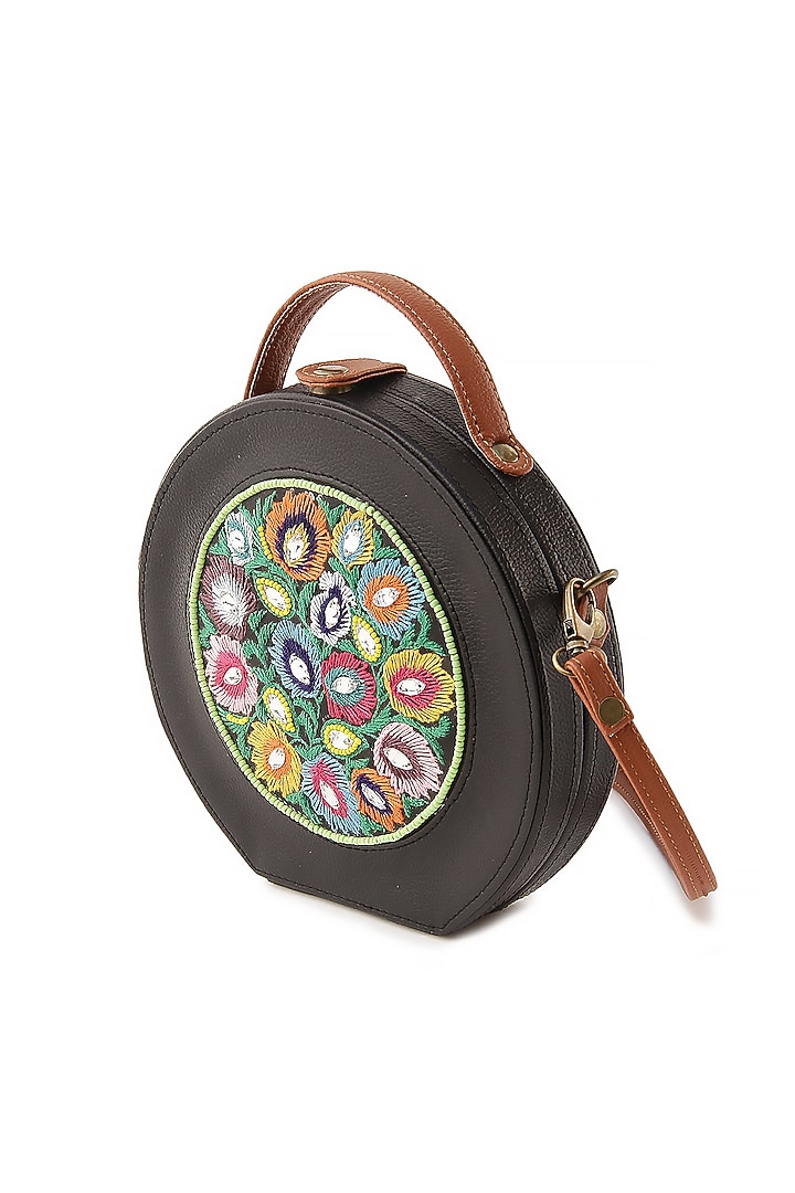 Black Vegan Leather Bead & Cotton Thread Embroidered Hand Bag by Gonecase Accessories at Pernia's Pop Up Shop