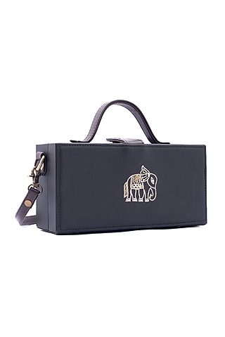 Black Vegan Leather Bead & Cotton Thread Embroidered Clutch by Gonecase Accessories