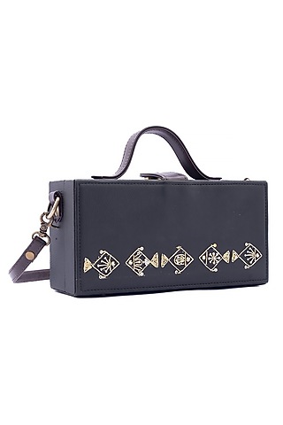 Black Vegan Leather Bead & Cotton Thread Embroidered Clutch by Gonecase Accessories