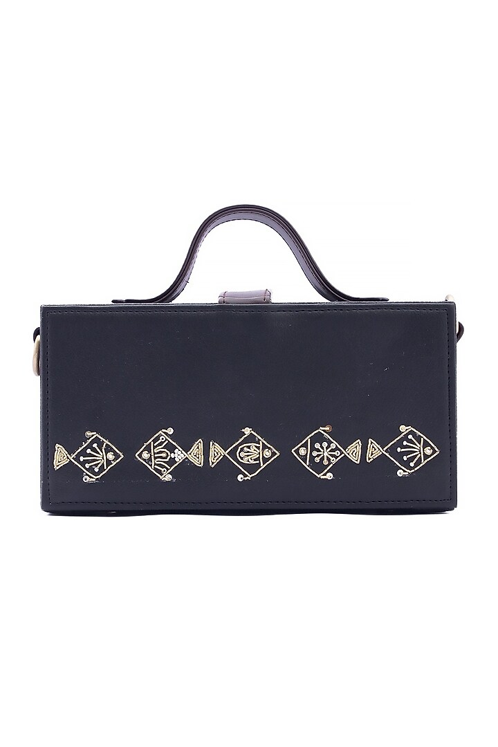 Black Vegan Leather Bead & Cotton Thread Embroidered Clutch by Gonecase Accessories at Pernia's Pop Up Shop
