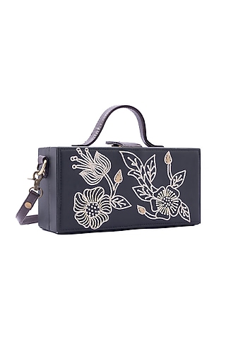 Black Vegan Leather Bead & Cotton Thread Embroidered Clutch by Gonecase Accessories