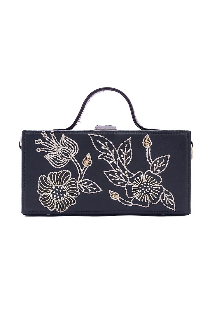 Black Vegan Leather Bead & Cotton Thread Embroidered Clutch by Gonecase Accessories at Pernia's Pop Up Shop