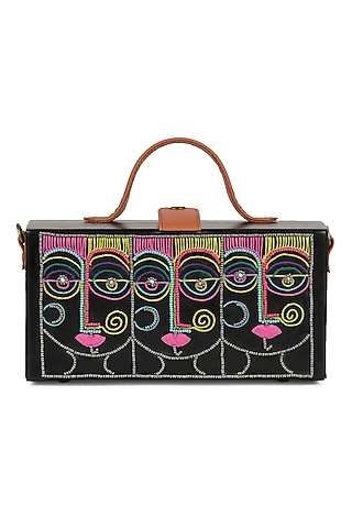 Black Vegan Leather Japanese Beads & Thread Embroidered Handcrafted Clutch by Gonecase Accessories