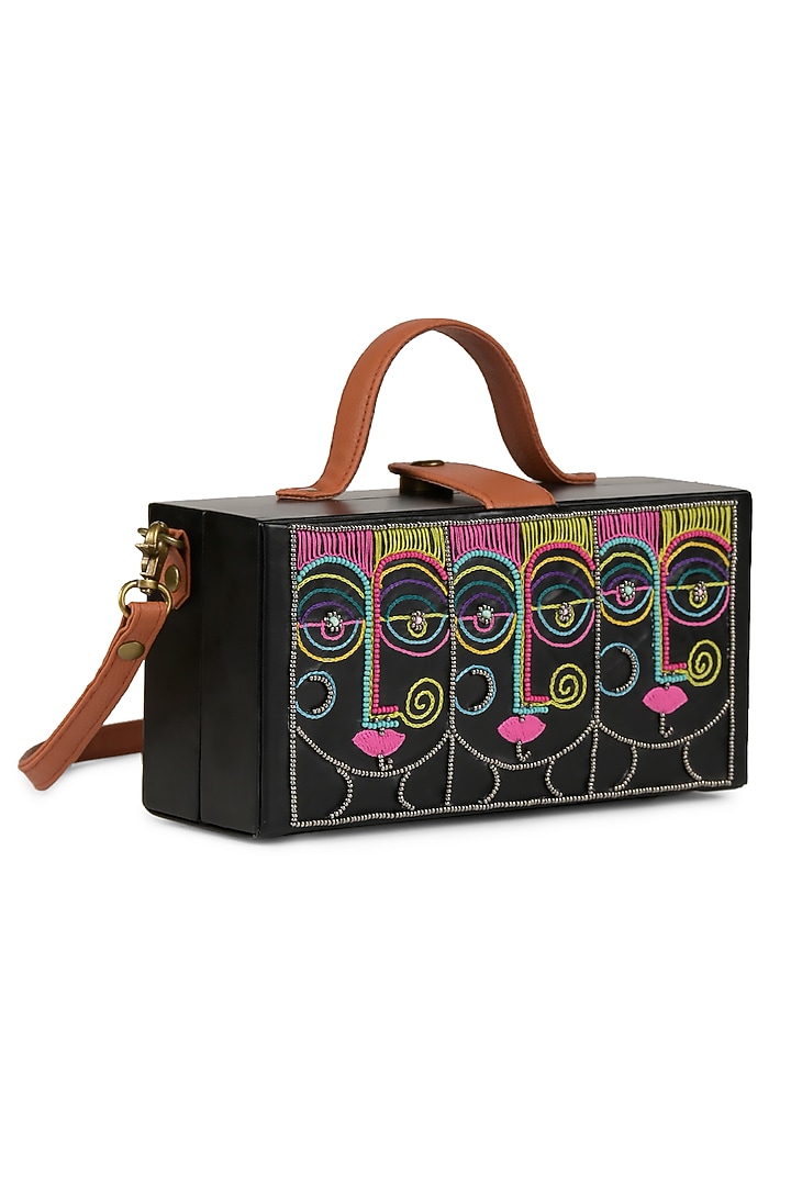 Black Vegan Leather Japanese Beads & Thread Embroidered Handcrafted Clutch by Gonecase Accessories at Pernia's Pop Up Shop