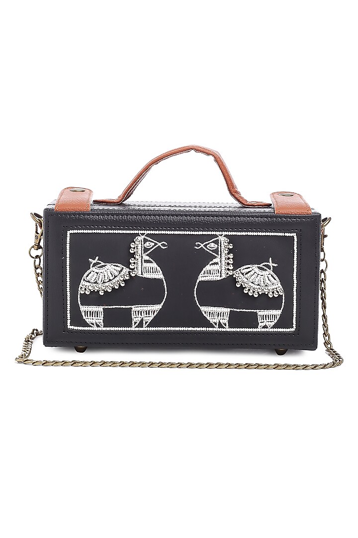 Black Vegan Leather Japanese Beads & Thread Embroidered Handcrafted Clutch by Gonecase Accessories at Pernia's Pop Up Shop