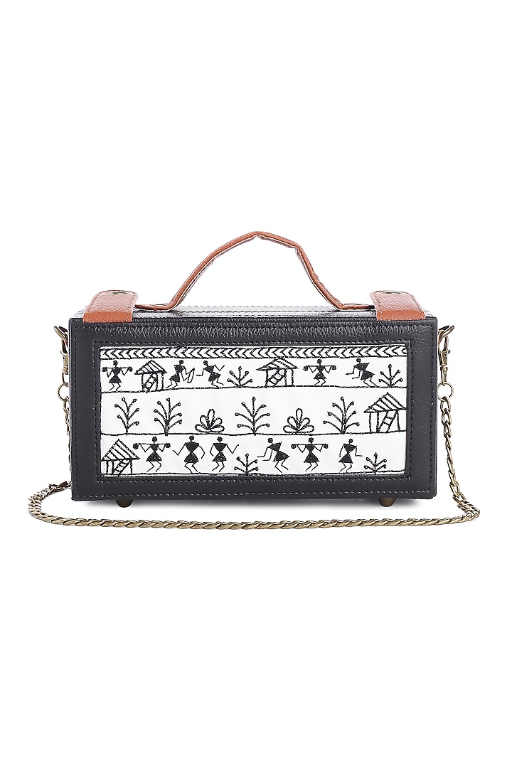 Black Vegan Leather Japanese Beads & Thread Embroidered Handcrafted Clutch by Gonecase Accessories at Pernia's Pop Up Shop