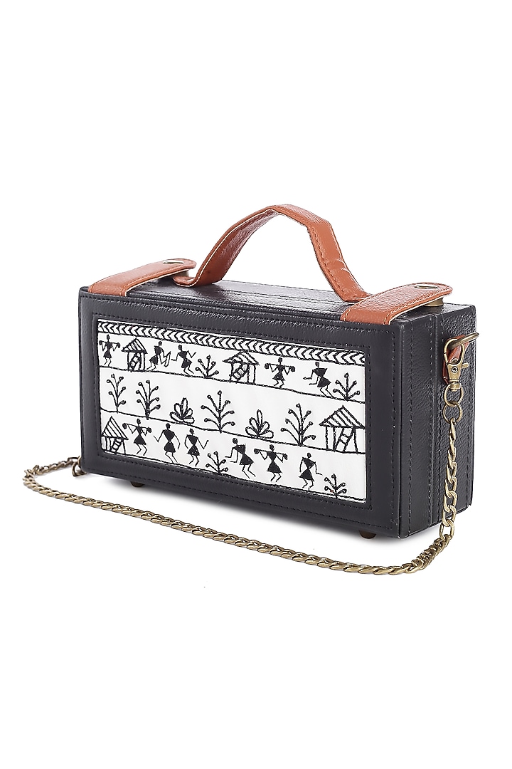 Black Vegan Leather Japanese Beads & Thread Embroidered Handcrafted Clutch by Gonecase Accessories at Pernia's Pop Up Shop
