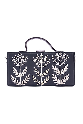 Black Vegan Leather Japanese Beads & Thread Embroidered Handcrafted Clutch by Gonecase Accessories