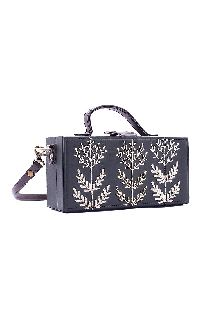 Black Vegan Leather Japanese Beads & Thread Embroidered Handcrafted Clutch by Gonecase Accessories at Pernia's Pop Up Shop