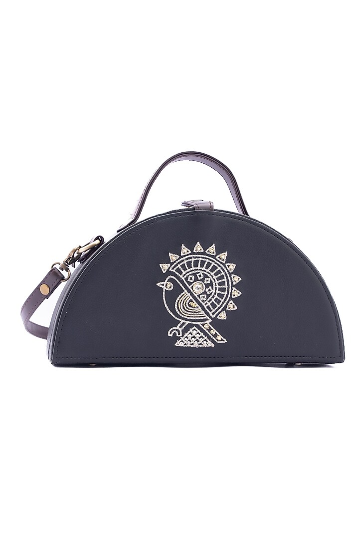 Black Vegan Leather Japanese Beads & Thread Embroidered Half Round Clutch by Gonecase Accessories at Pernia's Pop Up Shop