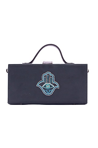 Black Vegan Leather Japanese Beads & Thread Embroidered Clutch by Gonecase Accessories