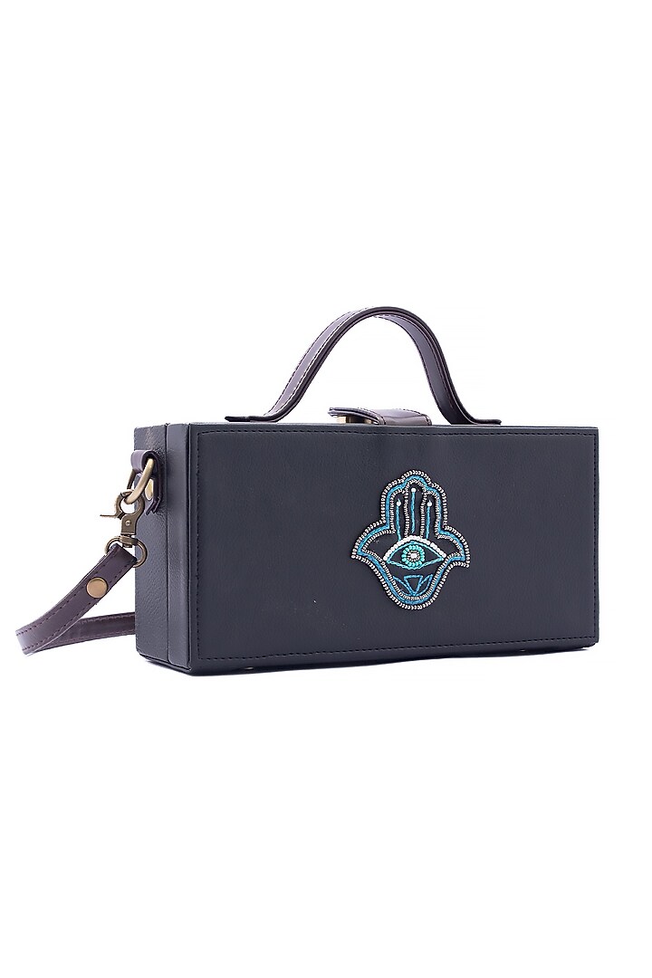 Black Vegan Leather Japanese Beads & Thread Embroidered Clutch by Gonecase Accessories at Pernia's Pop Up Shop
