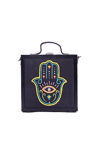 Black Vegan Leather Japanese Beads & Thread Embroidered Briefcase Clutch by Gonecase Accessories