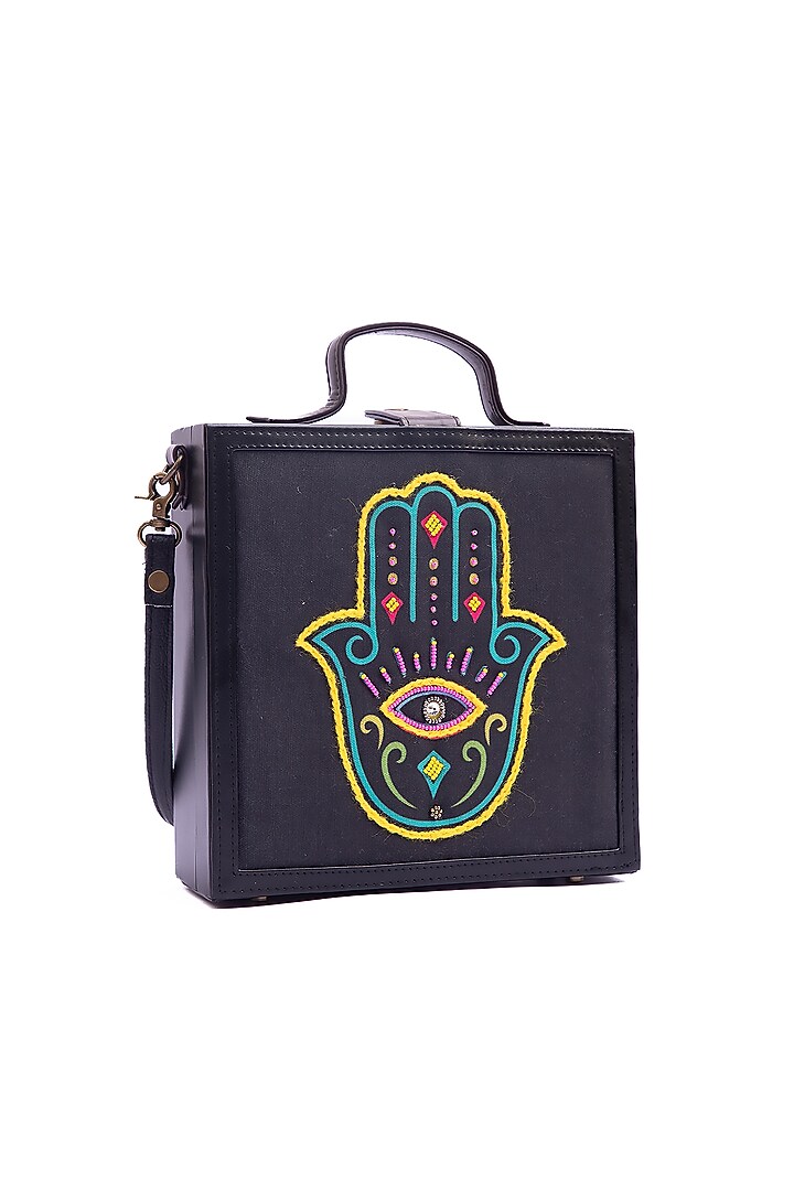 Black Vegan Leather Japanese Beads & Thread Embroidered Briefcase Clutch by Gonecase Accessories at Pernia's Pop Up Shop