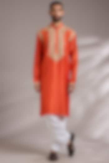 Orange Tussar Silk Marodi Embroidered Kurta Set by Gopi Vaid Men at Pernia's Pop Up Shop