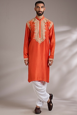 Orange Tussar Silk Marodi Embroidered Kurta Set by Gopi Vaid Men