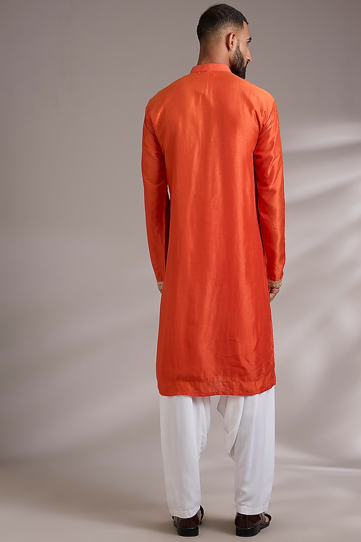 Orange Tussar Silk Marodi Embroidered Kurta Set by Gopi Vaid Men at Pernia's Pop Up Shop