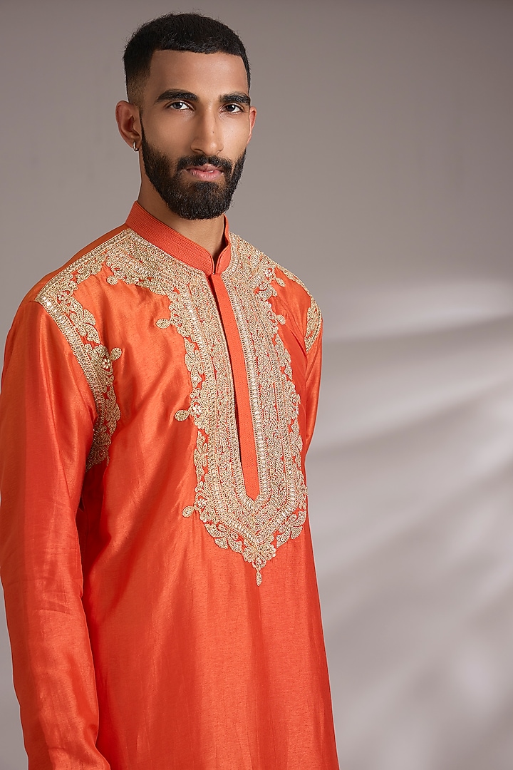 Orange Tussar Silk Marodi Embroidered Kurta Set by Gopi Vaid Men at Pernia's Pop Up Shop