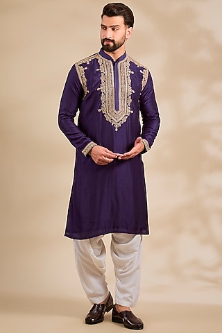Purple Tussar Silk Embroidered Kurta Set by Gopi Vaid Men