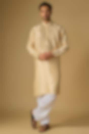 Ivory Tussar Silk Marodi & Gota Embroidered Kurta Set by Gopi Vaid Men at Pernia's Pop Up Shop