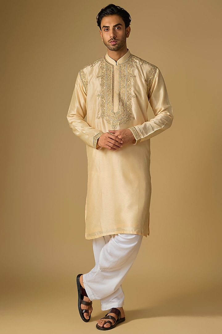 Ivory Tussar Silk Marodi & Gota Embroidered Kurta Set by Gopi Vaid Men at Pernia's Pop Up Shop