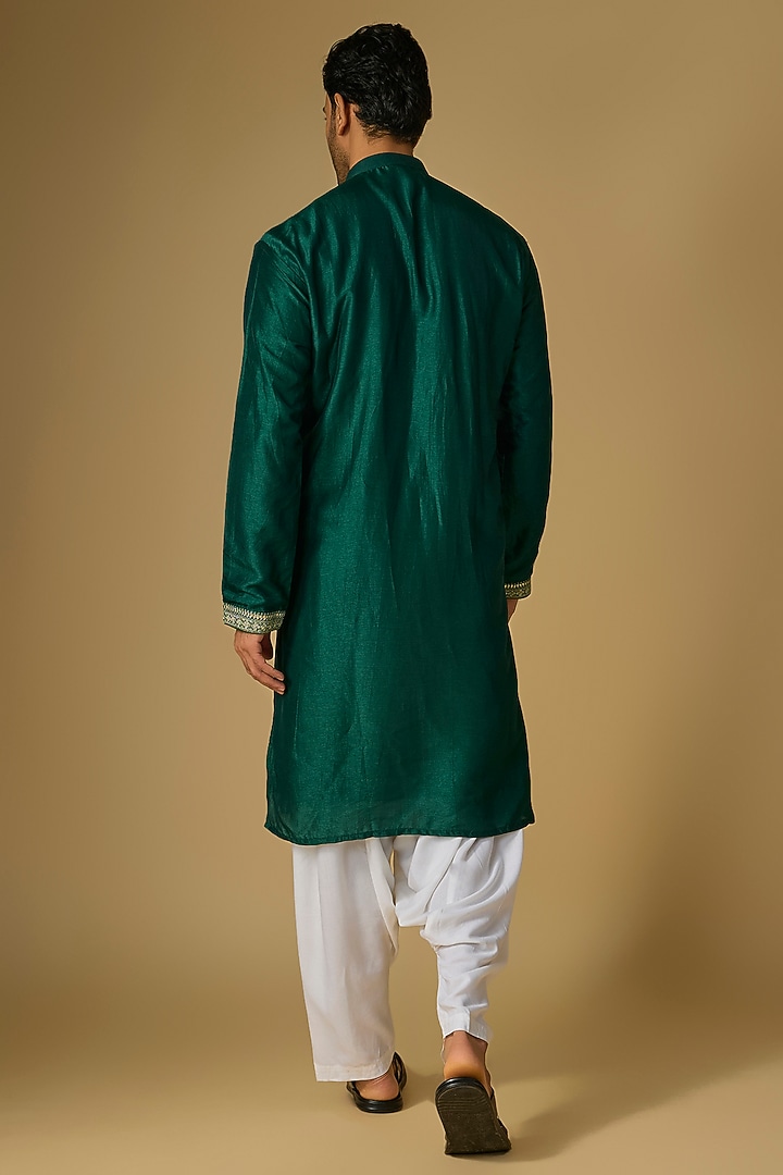 Emerald Green Tussar Silk Marodi & Gota Embroidered Kurta Set by Gopi Vaid Men at Pernia's Pop Up Shop